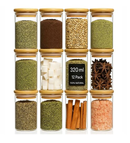 Spice Jars with Airtight Bamboo Lid [Round, Pack Of 12, 320ml] - Glass Spice Bottles, Seasoning Containers for Salt, Sugar, Coffee Beans - Set of 12 Jars with Wooden Lids